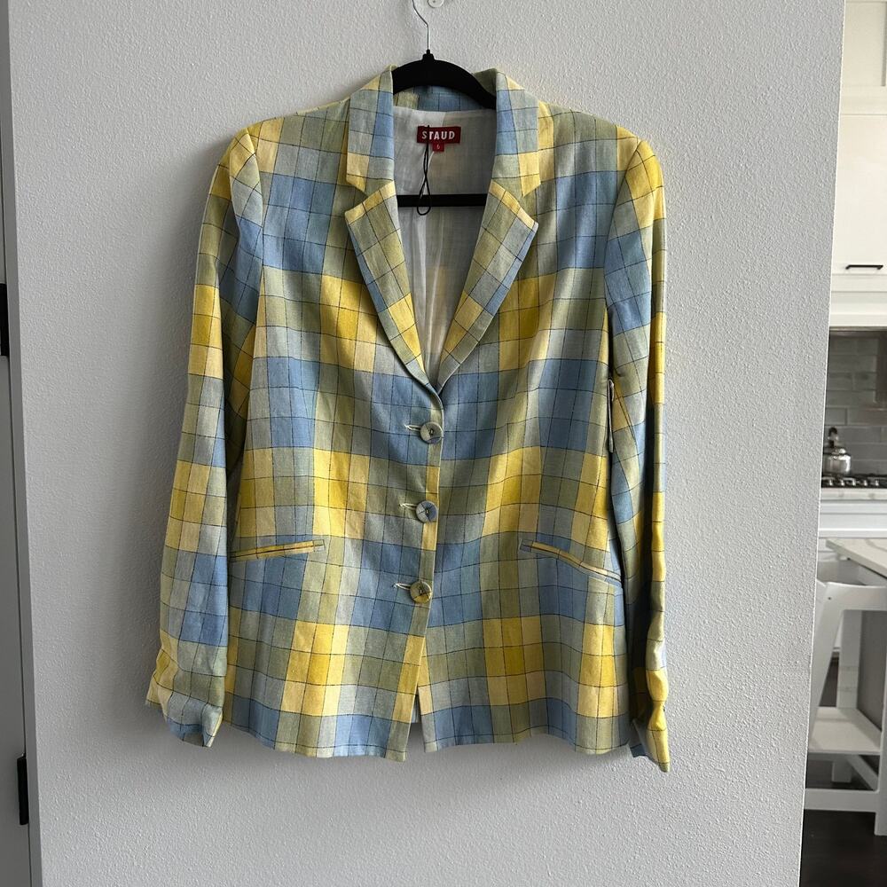 Staud Tunnel Coastal Blue Check Blazer Size 6 NWT